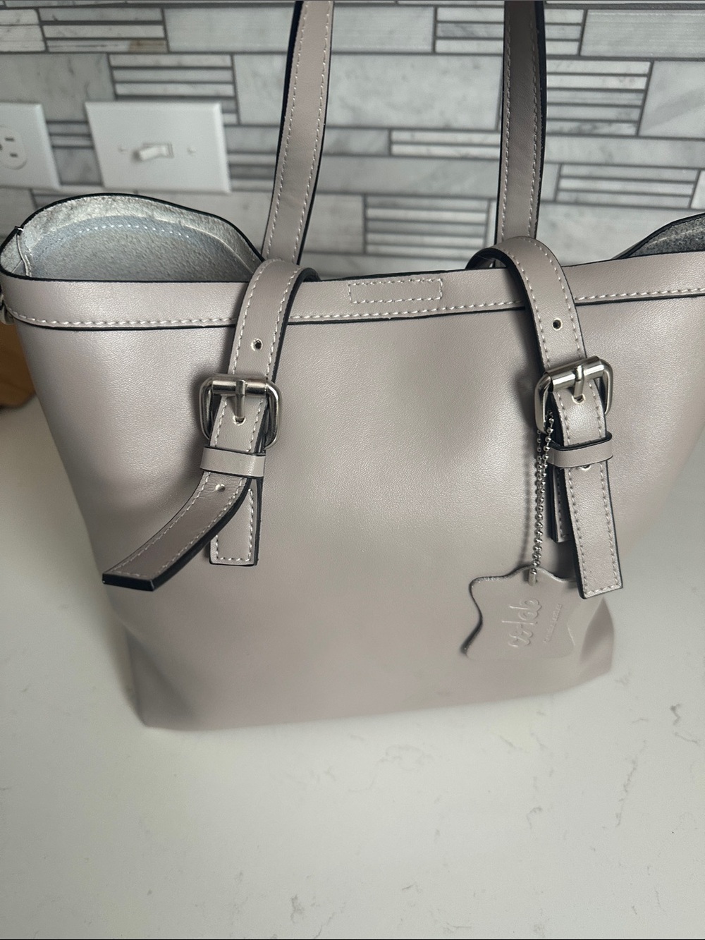 Women's Taupe Leather Tote with Buckle Strap Detail